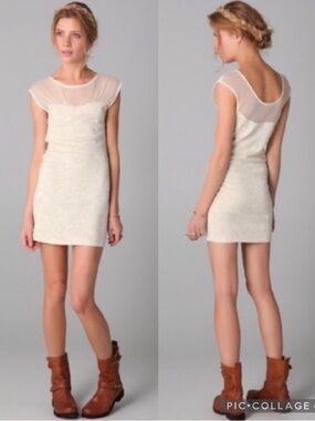 Free People Cream Swiss Dot Mesh Embroidered Gold Lurex Party Cocktail Dress